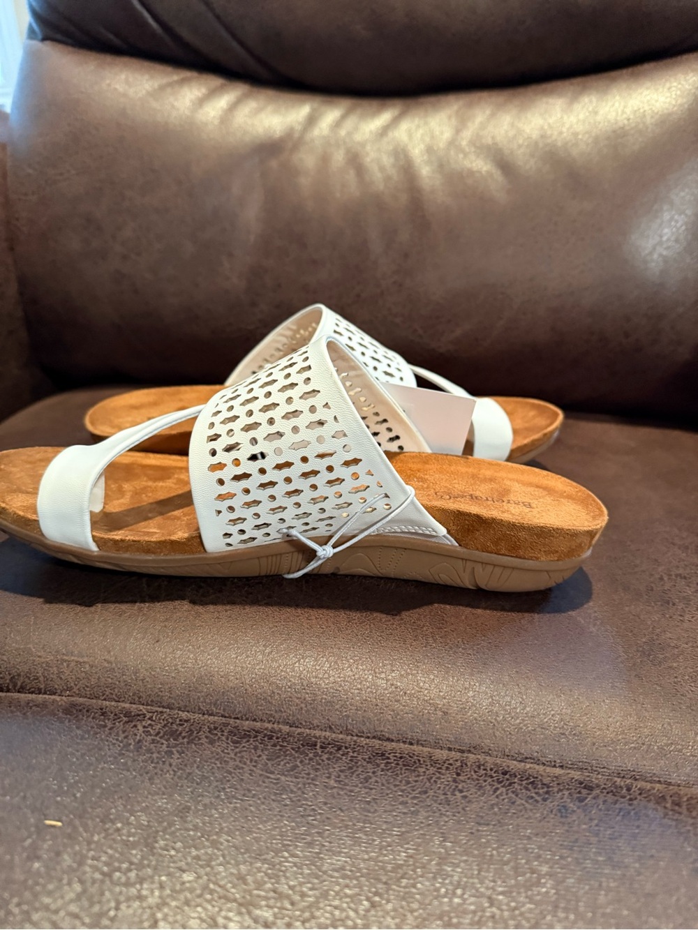 BareTraps White Perforated Slide Sandals with Tan Footbed - Picture 6 of 7